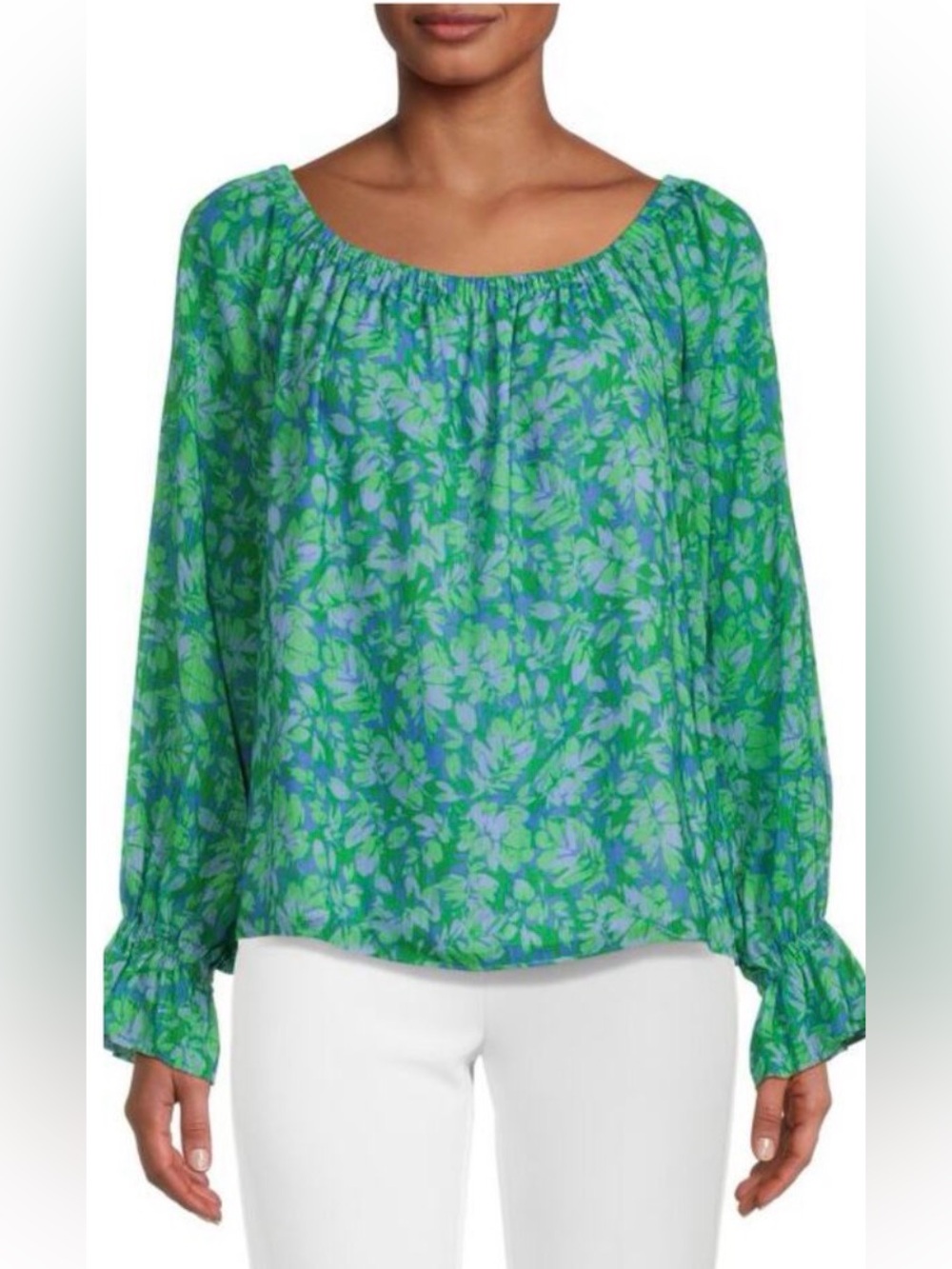 Ramy Brook Green and Blue Floral Peasant Blouse L